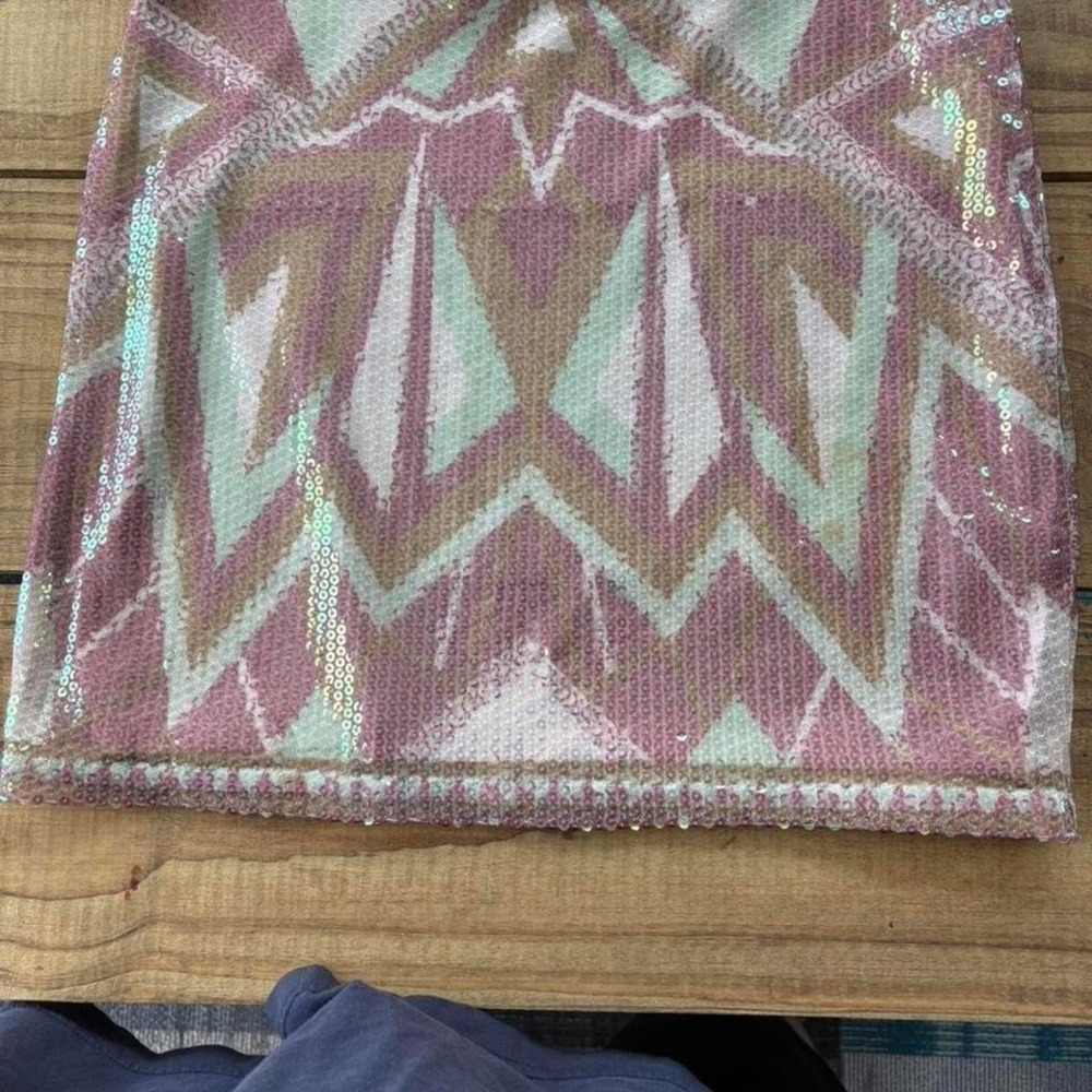Decree Womens Geometric Sequin Mini Skirt Pink Gold Mint Chevron Size Large